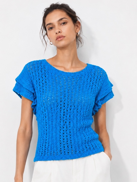 Skies Are Blue Sweaters - Skies Are Blue Blue Crochet Sweater Top Ruffle Sleeve Boho Coastal Resort Size L